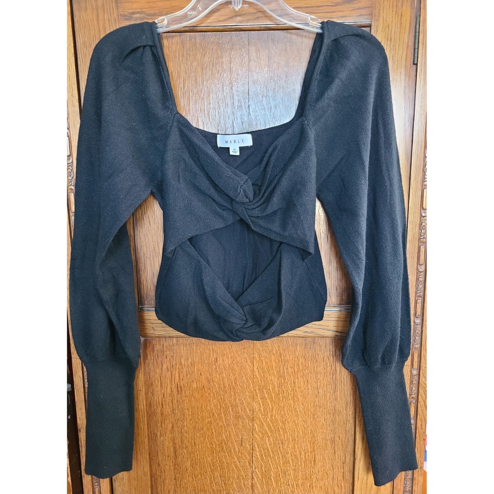 Mable Black Twist Front Cutout Puff Sleeve Knit Crop Top Sweater MT1340 Womens M